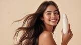 Skincare and hair care a beautiful woman with long, smiling while holding a shampoo bottle