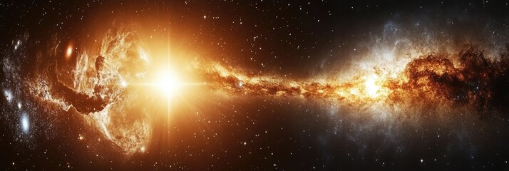 Panoramic banner of two galaxies colliding in deep space