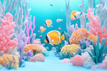 A vibrant underwater scene with colorful coral reefs and tropical fish swimming.