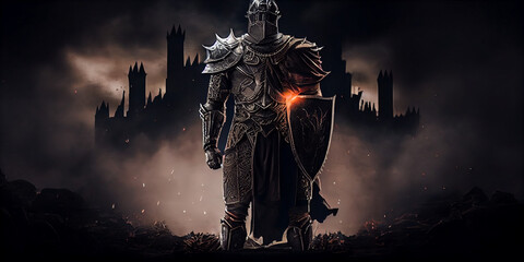 A medieval knight standing in a dark castle wearing powerful armor and a helmet holding a sword	