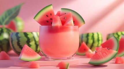 Sticker - A refreshing watermelon drink garnished with fruit pieces, set against a pink background.