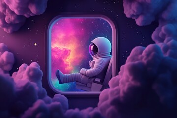 An astronaut gazes out of a window into a colorful cosmic scene filled with clouds.