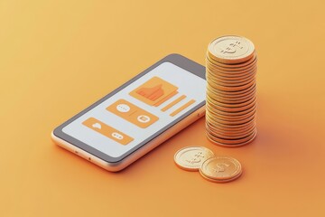 Canvas Print - A smartphone displaying financial data next to a stack of coins, symbolizing investment.