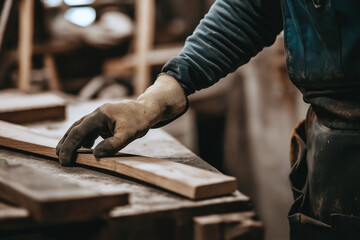 Closeup of a carpenters hand in work gloves holding a wooden plank