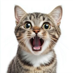 Playful close-up portrait of a tabby cat with wide eyes and open mouth, energetic and expressive animal image