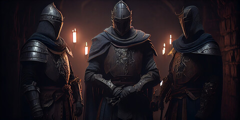 The medieval knights standing in a dark castle wearing powerful armor helmets possessing weapons	