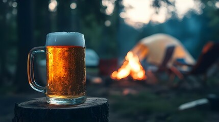 A beer mug with rich foam, resting on a wooden table at a beachfront bar. 