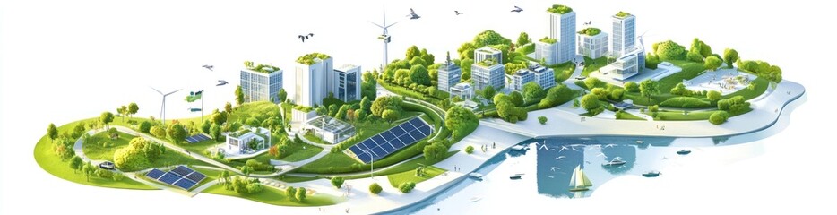 Poster - A vibrant eco-city illustration showcasing sustainable living with green spaces and renewable energy.