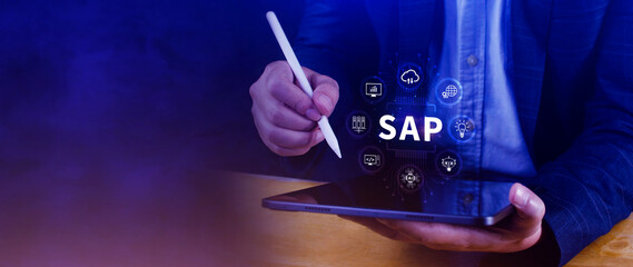 SAP system concept, SAP System Application Products, Business process automation and management software concept, management solutions.