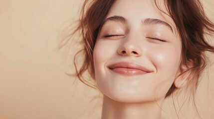 Serene young woman with closed eyes content smile