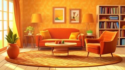 Wall Mural - Cozy orange-themed living room with furniture, plants, and artwork.