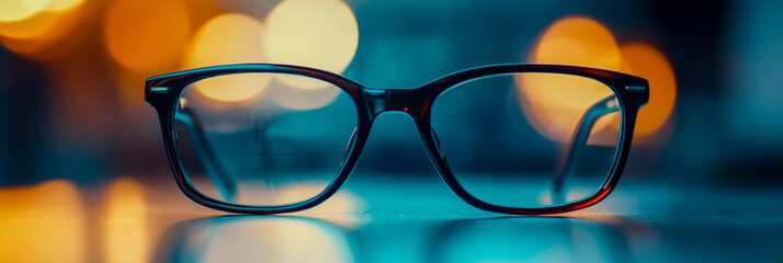 Black glasses on a table with night light reflection in the frame, close-up.