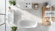 © DREAMERLYN STUDIO - Aerial view of a modern bathroom layout featuring a sleek bathtub, sink, and shower, all elegantly arranged on a clean white background.