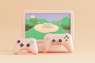 Canvas Print - A minimalist gaming setup featuring a console and controllers against a soft background.