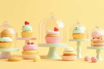 Wall Mural - A colorful display of cupcakes under glass domes on pastel stands.