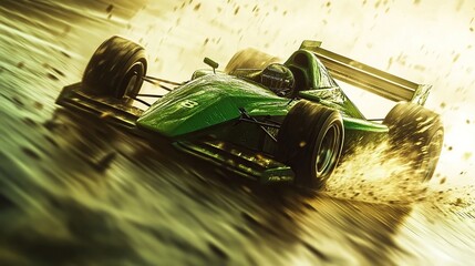 Green Race Car on a Wet Track