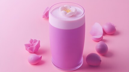 Wall Mural - A pink drink topped with a flower, surrounded by pink petals, on a soft pink background.