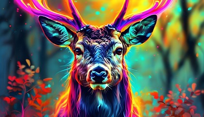 Wall Mural - Mesmerizing Digital Artwork of Neon Deer in Vibrant Colors and Abstract Designs