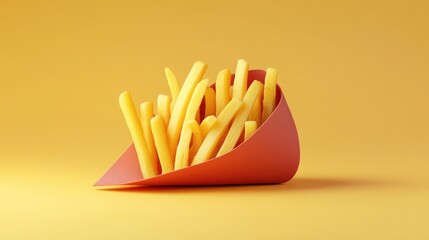 Wall Mural - A colorful presentation of French fries in a red cone against a yellow background.