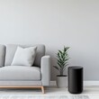 © Pikul - A modern living room scene featuring a stylish gray couch, a decorative plant, and a sleek black speaker on a light wooden floor.