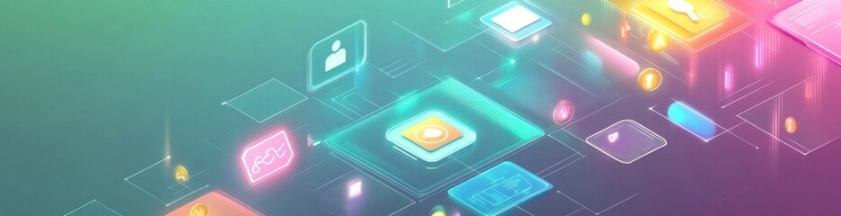 Abstract digital interface with colorful icons representing technology and connectivity.