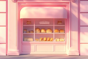 Poster - A pastel pink bakery display showcasing various baked goods like bread and pastries.