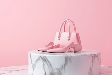 Poster - A stylish pair of pink shoes on a marble pedestal against a pastel background.