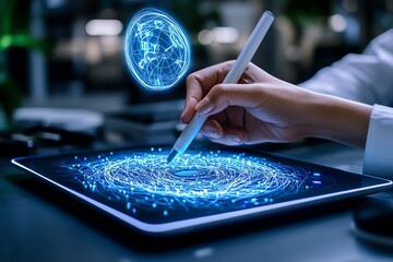 Aufkleber - A person writing on a digital tablet with a virtual pen, creating floating holographic notes in a futuristic workspace