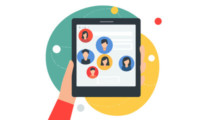 Poster - Digital Social Circle Networking Concept - Flat Design Illustration of a Hand Holding Tablet with Connected People Icons