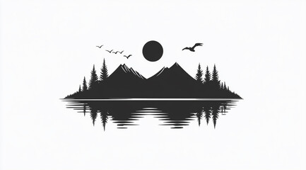 Wall Mural - Mountain and trees with moon reflection in water, simple vector logo style