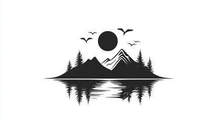 Wall Mural - Mountain and trees with moon reflection in water, simple vector logo style