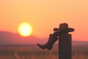 Wall Mural - A cowboy boot and hat resting on a fence post at sunset, evoking a serene western vibe.