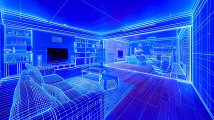 Spacious living room rendered in 3D hologram wireframe with luminous blue lines. furniture and room architecture, blending modern design with a virtual futuristic environment.