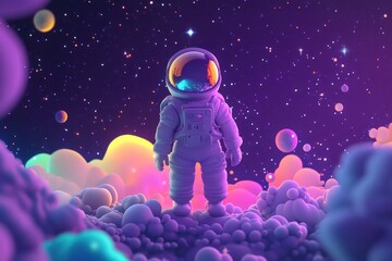 Wall Mural - a whimsical astronaut stands amidst colorful cosmic clouds in a vibrant space scene.