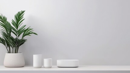 A serene modern interior featuring a potted plant, candles, and a chic decor item against a minimalist white wall.