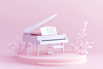 Wall Mural - A minimalist pink grand piano on a stage with sheet music and decorative plants.