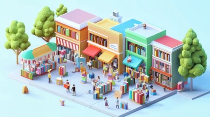 Sticker - A vibrant street scene featuring colorful bookshops and people browsing books outdoors.