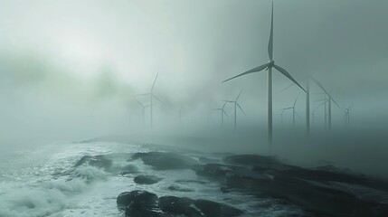 Whirling wind turbines in a foggy seaside area