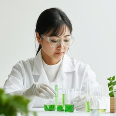 Laboratory scientist preparing green solutions in tubes