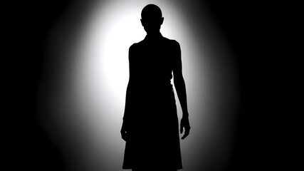 Dark silhouette frontal on light background: a woman with apron and bald, whole body, horror. Generative AI