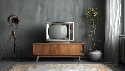 Vintage Television Set Amidst a Monochromatic Lounge Atmosphere