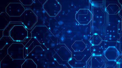 Blue tech background with circuit lines and hexagons, vector design for business, technology, or science concepts.
