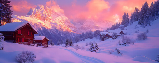 Wooden Cabins Nestled in a Snowy Mountain Valley at Sunset