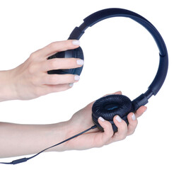 Black modern headphones in hand isolation