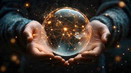 Wall Mural - hands hold a transparent globe with digital connections and nodes superimposed over it. represents the network