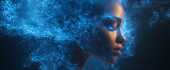 Wall Mural - A profile of a woman surrounded by ethereal blue smoke, creating a mystical atmosphere.