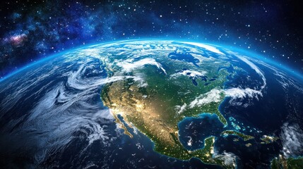 satellite view of planet earth focused on north america usa canada mexico and central america deep space and star constellations behind elements of this image furnished .stock image