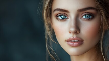 closeup portrait of a sensual model looking at camera, concept of beauty, skincare and cosmetics, 8k resolution with copy space