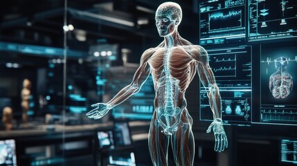 The 3D rendering of a human body scanned for medical blueprints in virtual reality