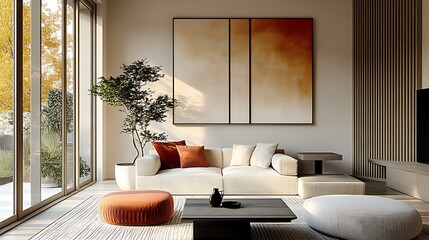 Wall Mural -  Japandi, scandinavain interior design of modern living room. 